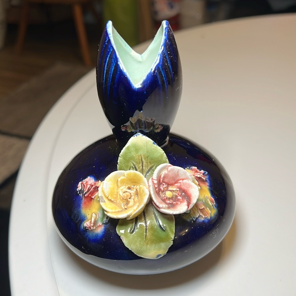 Antique Majolica Style Ceramic Pottery Vase Cobalt Blue Glaze Applied Flowers